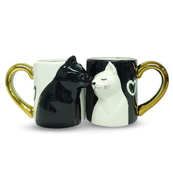 Kissing Cat Coffee Mug Set - Unique Ceramic Tea Cups Couple Gifts for Bride and Groom, Matching Gift for Anniversary, Wedding Gifts, Engagement Gift for Lovers, Girlfriend, Wife (Gold Handles)