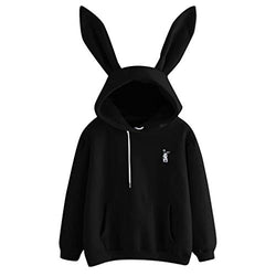 Sunhusing Ladies Cute Rabbit Ear Long Sleeve Hoodie Solid Color Embroidery Pullover Sweater Black