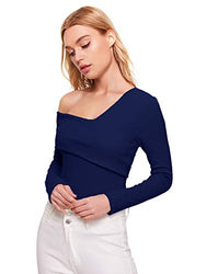 Romwe Women's Casual Cross Off Shoulder Deep V Neck Ribbed Knit Slim Wrap Tee Shirt Blouse Navy Large