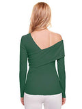 Romwe Women's Casual Cross Off Shoulder Deep V Neck Ribbed Knit Slim Wrap Tee Shirt Blouse Deep Green Medium