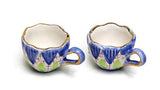 Dollhouse Miniature Hand Painted Gold Trim Porcelain 2 Teacup Sets w/ Brass Display Stand 1:6 Fashion Doll Scale Pretend Play Playset Furniture Kitchen Living & Dining Room Tea Party Kit (C1187)
