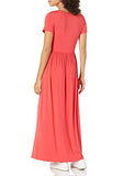 Amazon Essentials Women's Solid Short-Sleeve Waisted Maxi Dress, Red Coral, L