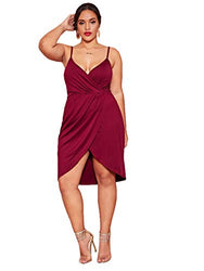 Romwe Women's Plus Size Sexy Wrap Deep V-Neck Split Summer Spaghetti Strap Sleeveless Party Mini Cami Dress Burgundy 3XL