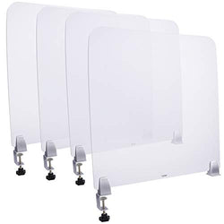 4 Pack. Desk Divider, Office Partition, Sneeze Shield. Size: 22x22 Inches. Frosted Acrylic Plexiglass. Silver Multi Purpose Clamps Included. Excellent for Offices, Schools, Libraries & Test Centers