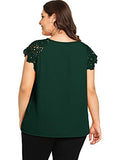 Romwe Women's Plus Size Short Sleeve Lace Hollow Round Neck Elegant Blouse Deep Green 2X Plus