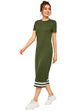 Romwe Women's Casual Striped Short Sleeve Solid Midi T-Shirt Dress Army Green XL