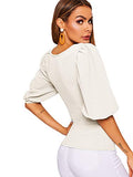 Romwe Women's Casual Puff Sleeve Square Neck Slim Fit Crop Tee Tops White Small