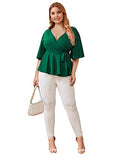 Romwe Women's Plus Size Ruffle Short Sleeve Wrap V Neck Belted Babydoll Tops Blouse Green#1 1X Plus