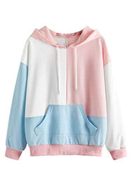 SweatyRocks Women's Causal Long Sleeve Color Block Hoodie Sweatshirt with Pocket Pink White M