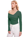 Romwe Women's Casual Cross Off Shoulder Deep V Neck Ribbed Knit Slim Wrap Tee Shirt Blouse Deep Green Medium