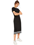 Romwe Women's Casual Striped Short Sleeve Solid Midi T-Shirt Dress Black M