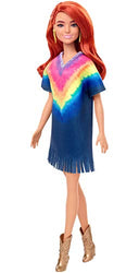 Barbie Fashionistas Doll with Long Red Hair Wearing Tie-Dye Fringe Dress, Golden Boots & Earrings, Toy for Kids 3 to 8 Years Old