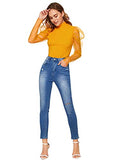 Romwe Women's Mesh Puff Sleeve High Neck Slim Fit Party Blouse Top Yellow Medium