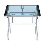 Studio Designs Folding Modern Glass Top Adjustable Drafting Table Craft Table Drawing Desk Hobby Table Writing Desk Studio Desk, 35.25" W x 23.75" D, Silver / Blue Glass