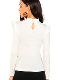 Romwe Women's Stand Collar Slim Fit Frilled Ruffles Shoulder Solid Keyhole Blouse Top White XL