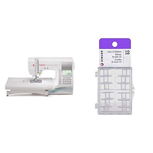 SINGER 9960 Quantum Stylist 600-Stitch Computerized Sewing Machine with Extension Table, Bonus Accessories and Hard Cover & Singer Transparent Plastic Class 15J Bobbins, Pack of 12