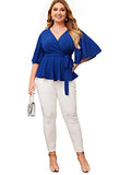 Romwe Women's Plus Size Short Sleeve Wrap V Neck Belted Ruffle Peplum Tops Blouse Blue 2X Plus