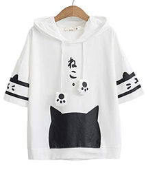 Women Girl Hoodie T-Shirt Japanese Cartoon Cat Harajuku Short Sleeve Tops Tees White