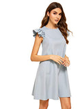 ROMWE Women's Ruffle Trim Sleeve Summer Beach A Line Loose Swing Dress Light Blue M