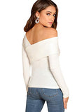 Romwe Women's Slim Cross Wrap Asymmetrical Neck Solid Ribbed Knit Tee Shirt Blouse White Small