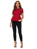Romwe Women's Lace Mesh Round Neck Pleated Elegant Slim Fit Peplum Top Shirt Blouse Red#1 X-Large