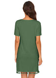 Romwe Women's Summer Short Sleeve Pocket Tassel Hem Loose Tunic T-Shirt Dress Army Green S