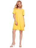 Romwe Women's Summer Short Sleeve Pocket Tassel Hem Loose Tunic T-Shirt Dress Yellow S