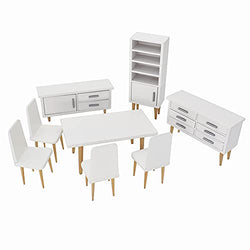 iLAND Dollhouse Furniture on 1 / 12 Scale of Dining-Room, Wooden Doll House Furniture Miniature of Table Chair & Cabinet (Modern Miniature Furniture 8pcs)