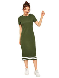 Romwe Women's Casual Striped Short Sleeve Solid Midi T-Shirt Dress Army Green XL