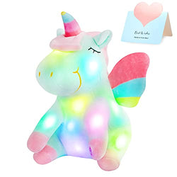Athoinsu Light up Green Unicorn Soft Plush Toy LED Stuffed Animals with Colorful Night Lights Glowing Birthday Valentine's Day for Toddler Girls Women, 12''
