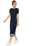 Romwe Women's Casual Striped Short Sleeve Solid Midi T-Shirt Dress Blue M