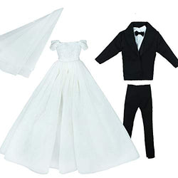 BJDBUS Wedding Set White Dress Bridal Veil and Groom Formal Suit Outfit for Boys Girl 11.5 in. Doll Clothes