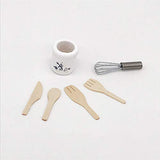 Ouniman Dollhouse Miniatures Wooden Knife Spoon Fork Set with Pottery Holder 1:12 Mini Egg Beater Spatula Kitchen Accessories Kids Cute Doll House Ornaments Cookware Tool Decor -6pcs (Natural Wood)