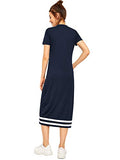 Romwe Women's Casual Striped Short Sleeve Solid Midi T-Shirt Dress Blue M