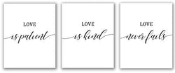 Love Is Patient, Love Is Kind, Love Never Fails, 8" x 10" - Unframed, Bible Verse Art, Wedding Decor, Home Decor, Christian Wall Art, Bedroom Decor, Set Of 3 Prints, Scripture wall art