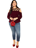ROMWE Women's Plus Size Long Lantern Sleeve Cold Shoulder Hollow Out Casual Top Blouse Burgundy 3XL