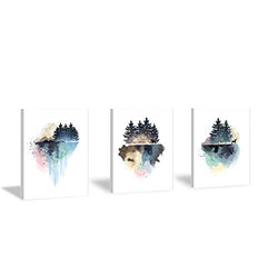 CHDITB Framed Abstract Children's art Landscape Art Prints Watercolor Forest Wall Art Set of 3 Pieces (11.8x15.6inch), Lake,Trees Canvas Painting Nature Scenery Artworks for Living Room Bedroom Decor-Ready to Hang