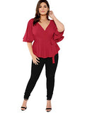 Romwe Women's Plus Size Short Sleeve Deep V Neck Self Belted Casual Peplum Wrap Blouse Red 2X Plus