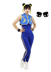 DAZCOS Women's US Size Chun Li Cosplay Costume Bodysuit with Bracelet and Hair Ties (X-Large, Blue)