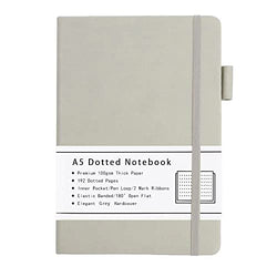 Dotted Notebook A5, Hard Cover Bullet Dotted Journal with Premium 100 GSM Thick Paper, 192 Pages, Pen Loop, Inner Pocket, Elastic Banded, Faux Leather Cover, 5.71'' × 8.38'' (Grey)