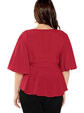 Romwe Women's Plus Size Short Sleeve Deep V Neck Self Belted Casual Peplum Wrap Blouse Red 2X Plus