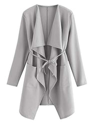 ROMWE Women's Waterfall Collar Long Sleeve Wrap Trench Coat Cardigan Grey L