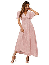 Simplee Women's Boho Floral V Neck Short Sleeve Formal Maxi Ruffle Dress Summer Long Flowy Lace Bridesmaid Wedding Party Evening Dress(XL 1_Pink)
