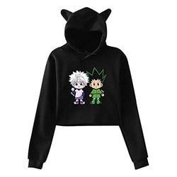 Hunter X Hunter Killua & Gon Women's Cat Ear Crop Top Hoodie Anime Hisoka HXH Sweater Sport Pullover for Teen Girls Small Black