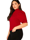 Romwe Women's Plus Size Elegant Mock Neck Puff Short Sleeve Casual Blouse Tops Red 3X Plus