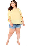 Romwe Women's Plus Size 3/4 Short Overlap Sleeve Boat Neck Chiffon Summer Blouse Top Yellow 3XL