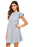 ROMWE Women's Ruffle Trim Sleeve Summer Beach A Line Loose Swing Dress Light Blue M