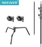 Neewer 2-Pack 100% Heavy-Duty Steel C-Stand, Pro Photography Light Stand with 3.5'/108cm Extension Arm, Grip Head, Turtle Base for Studio Monolight, Softbox, Reflector, Max Height 10'/305cm – Black