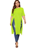 Romwe Women's Casual Plus Split Longline Short Sleeve Round Neck Tee Shirt Tunic Neon Green 1X