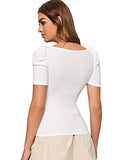 WDIRARA Women's Rib Knit Square Neck Puff Sleeve Fashion Summer Slim Tee White XL